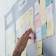 cropped view of businessman touching sticky notes with letters i