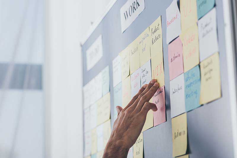 cropped view of businessman touching sticky notes with letters i